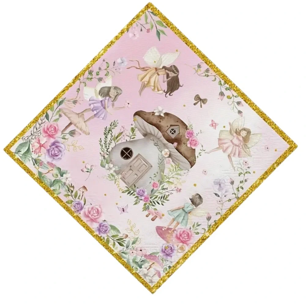 Fairy Garden Mushroom Forest House Paper Napkins with Gold Trim, 20pcs